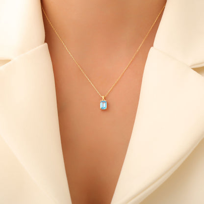 Rectangle Blue Topaz Necklace in 14K Solid Gold, December Birthstone Pendant