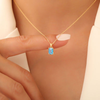 Rectangle Blue Topaz Necklace in 14K Solid Gold, December Birthstone Pendant