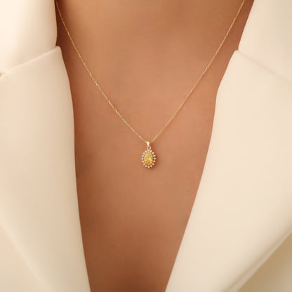 Oval Cut Yellow Topaz Necklace with Real Diamonds, 14K Solid Gold Pendant