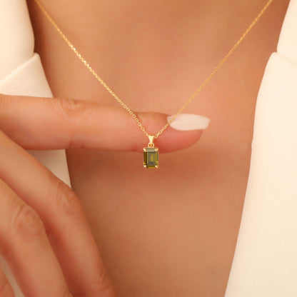 Rectangle Peridot Necklace in 14K Solid Gold, August Birthstone Pendant