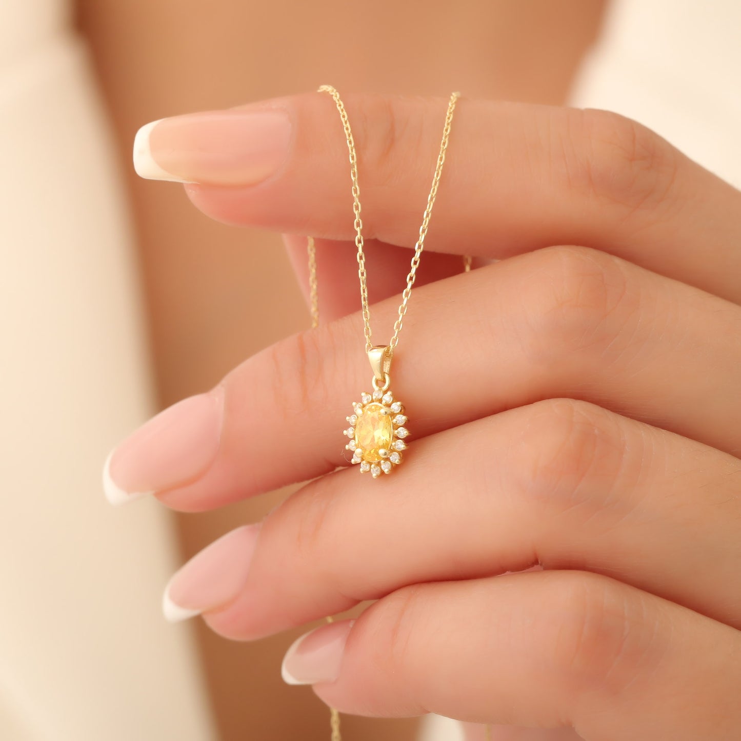 Oval Cut Yellow Topaz Necklace with Real Diamonds, 14K Solid Gold Pendant