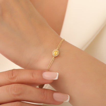 Yellow Topaz Oval Bracelet 14K Solid Gold Surrounded by Real Diamonds