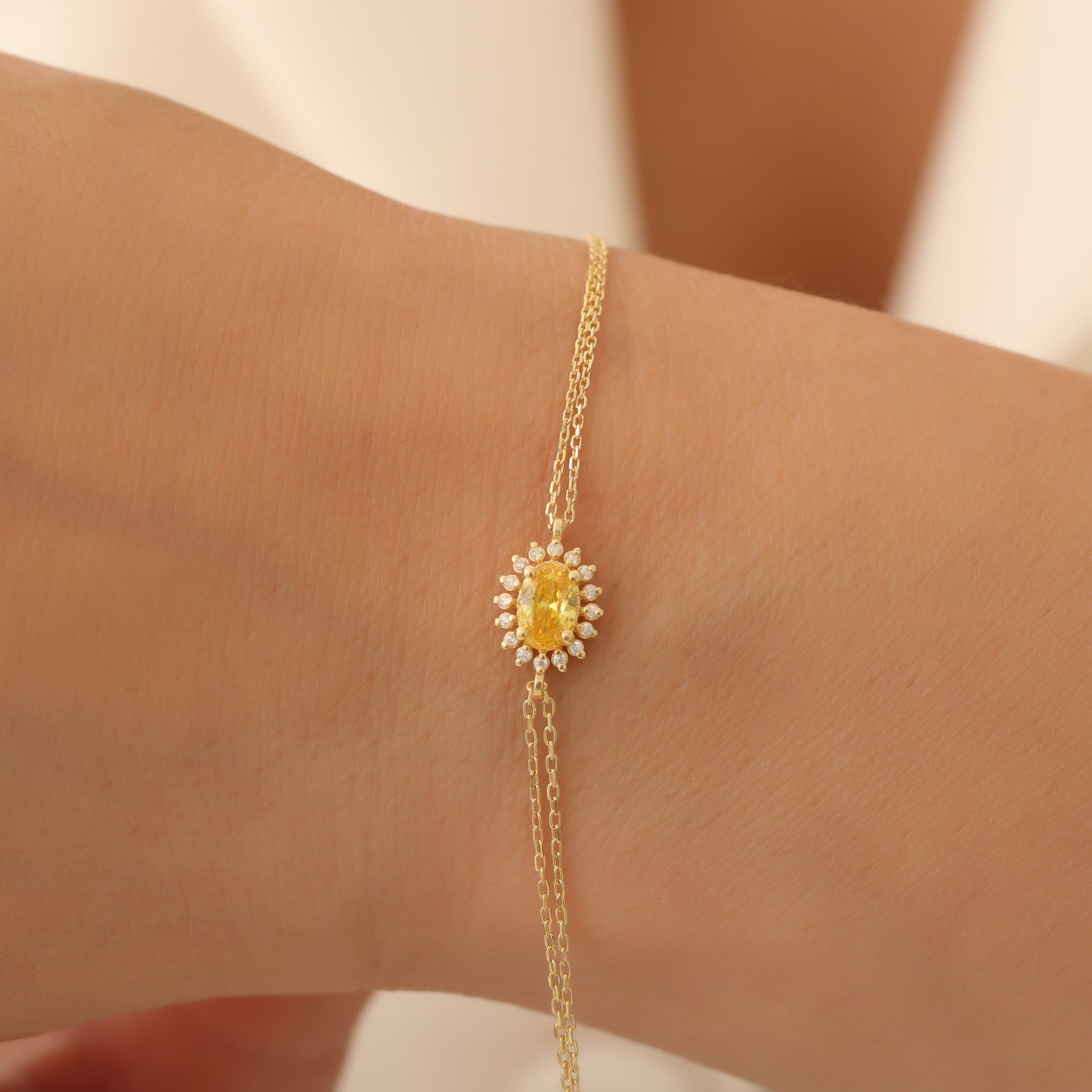 Yellow Topaz Oval Bracelet 14K Solid Gold Surrounded by Real Diamonds