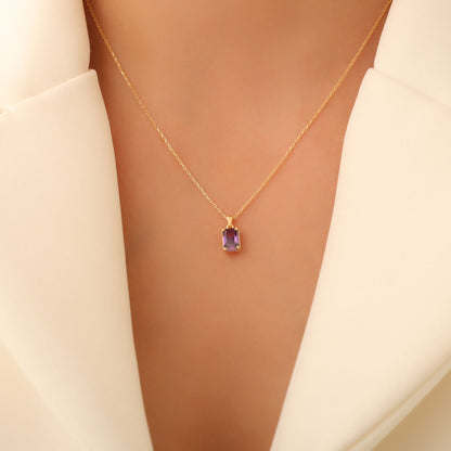 Rectangle Amethyst Necklace in 14K Solid Gold, February Birthstone Pendant