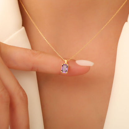 Rectangle Amethyst Necklace in 14K Solid Gold, February Birthstone Pendant