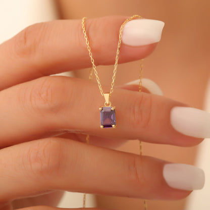 Rectangle Amethyst Necklace in 14K Solid Gold, February Birthstone Pendant