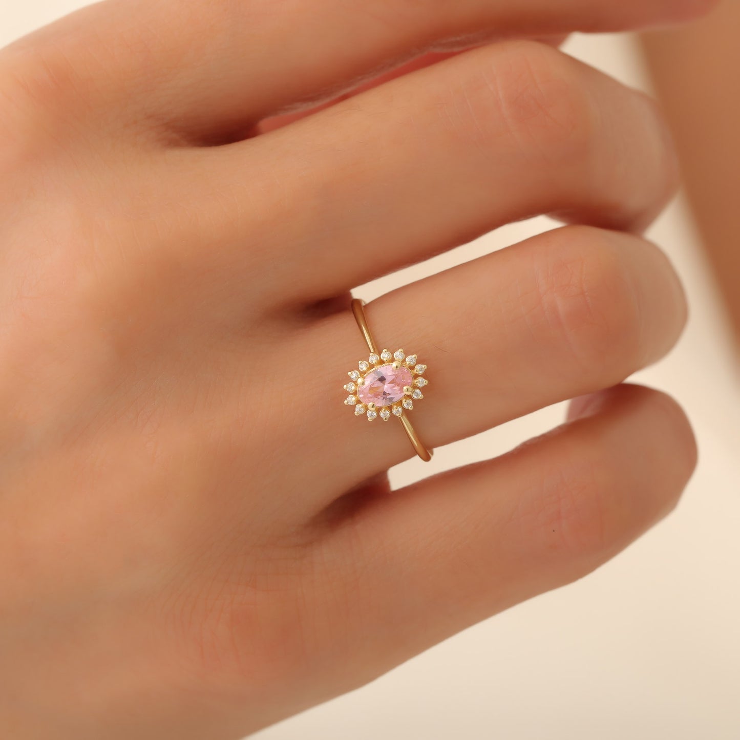 Pink Tourmaline Oval Ring 14K Solid Gold Surrounded by Real Diamonds, October Birthstone Gift