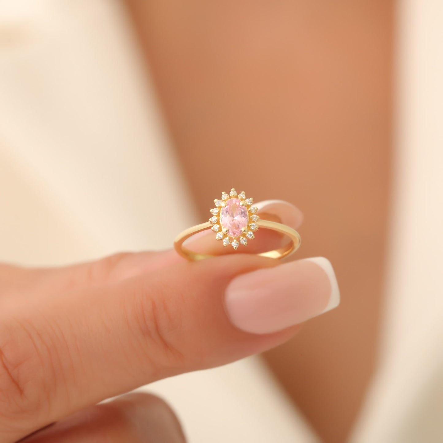 Pink Tourmaline Oval Ring 14K Solid Gold Surrounded by Real Diamonds, October Birthstone Gift