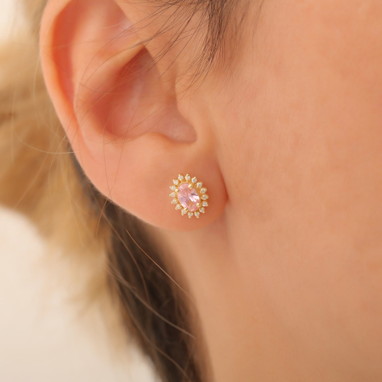 Oval Cut Pink Tourmaline Stud Earring Surrounded by Real Diamonds, 14K Solid Gold, October Birthstone