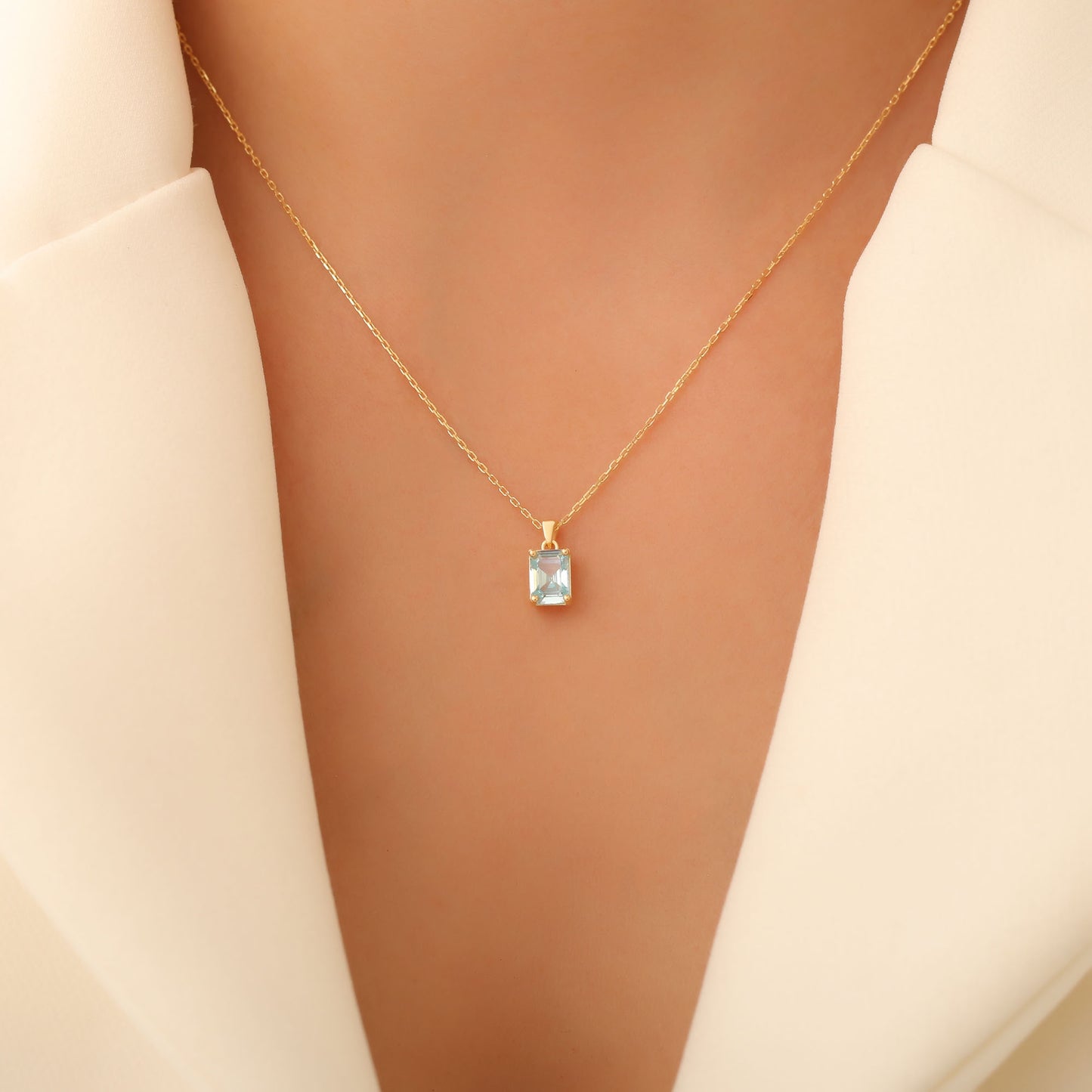 Rectangle Aquamarine Necklace in 14K Solid Gold, March Birthstone Pendant