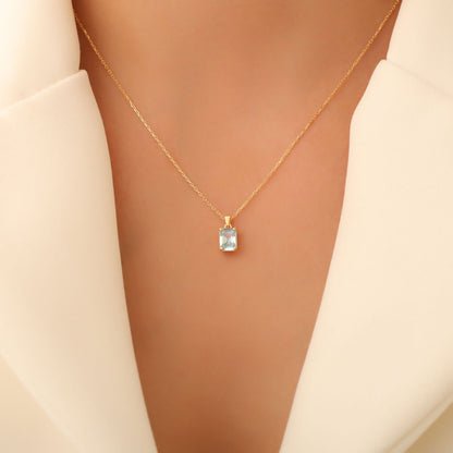 Rectangle Aquamarine Necklace in 14K Solid Gold, March Birthstone Pendant