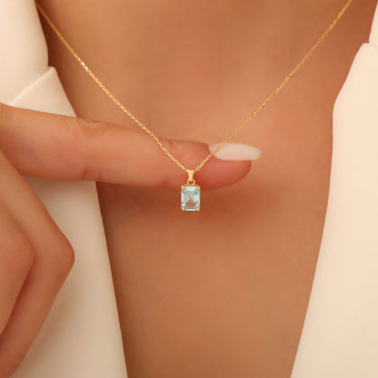 Rectangle Aquamarine Necklace in 14K Solid Gold, March Birthstone Pendant