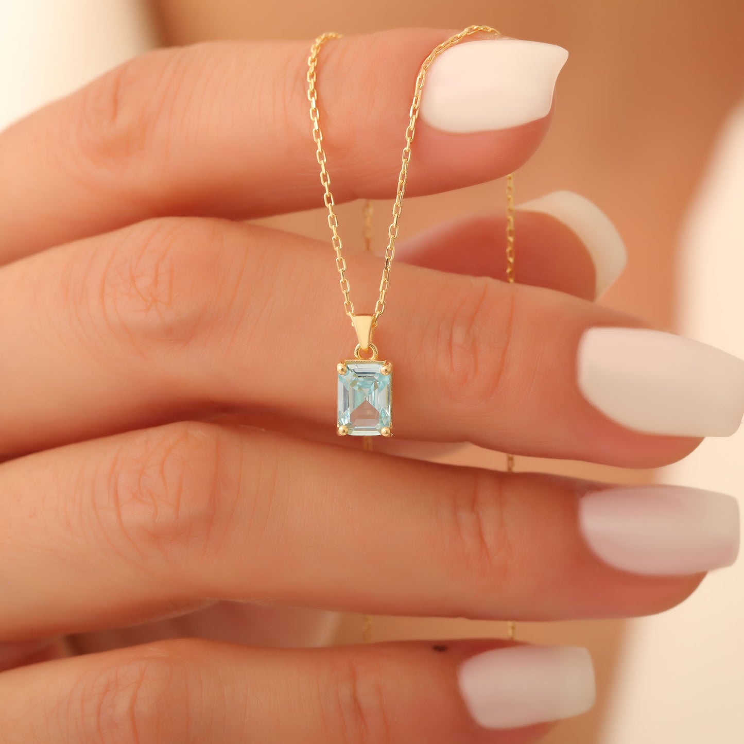 Rectangle Aquamarine Necklace in 14K Solid Gold, March Birthstone Pendant