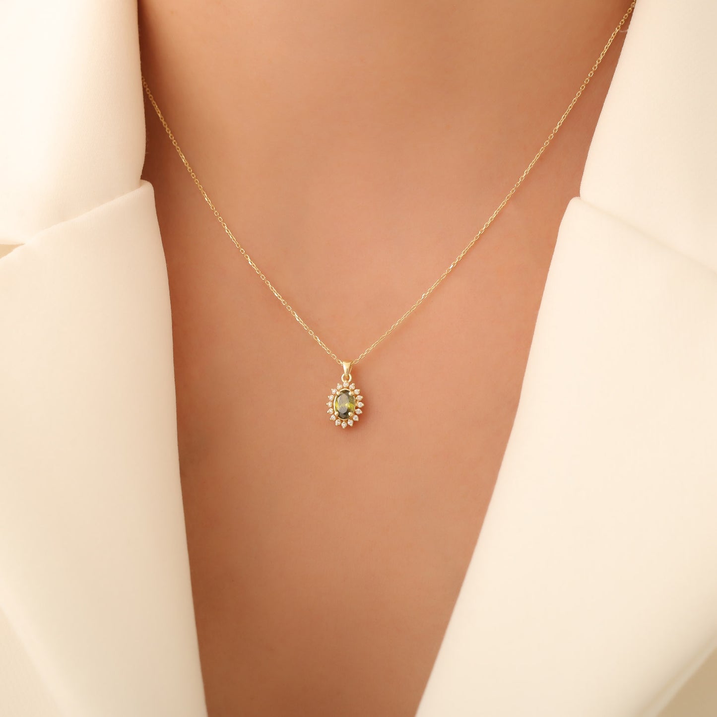 Oval Cut Peridot Necklace with Real Diamonds, 14K Solid Gold, August Birthstone Pendant