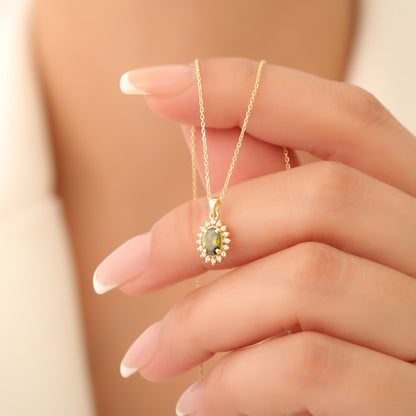 Oval Cut Peridot Necklace with Real Diamonds, 14K Solid Gold, August Birthstone Pendant