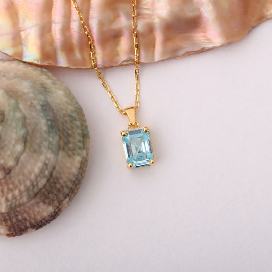 Rectangle Aquamarine Necklace in 14K Solid Gold, March Birthstone Pendant