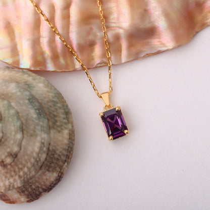 Rectangle Amethyst Necklace in 14K Solid Gold, February Birthstone Pendant