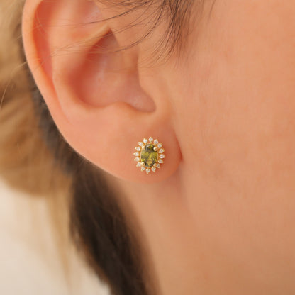 Oval Cut Peridot Stud Earring Surrounded by Real Diamonds, 14K Solid Gold, August Birthstone