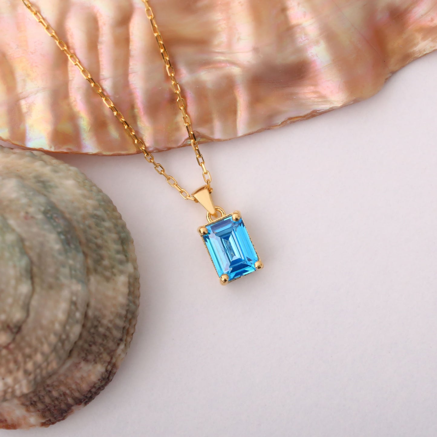 Rectangle Blue Topaz Necklace in 14K Solid Gold, December Birthstone Pendant