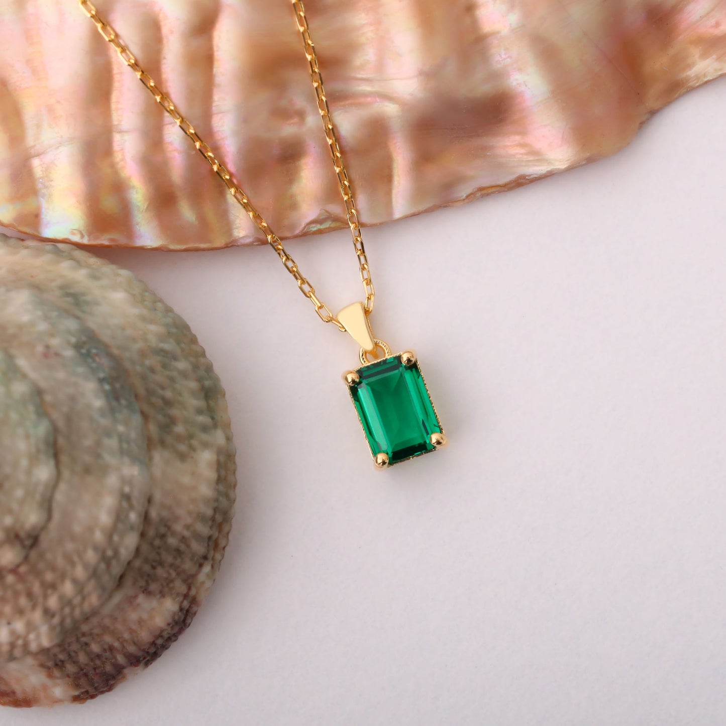 Rectangle Emerald Necklace in 14K Solid Gold, May Birthstone Pendant