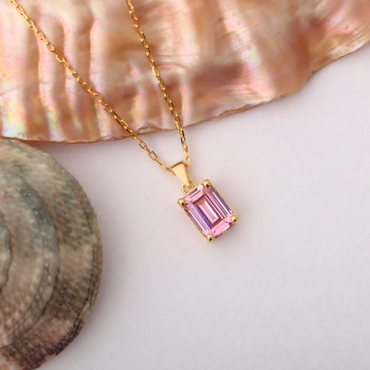 Rectangle Pink Tourmaline Necklace in 14K Solid Gold, October Birthstone Pendant