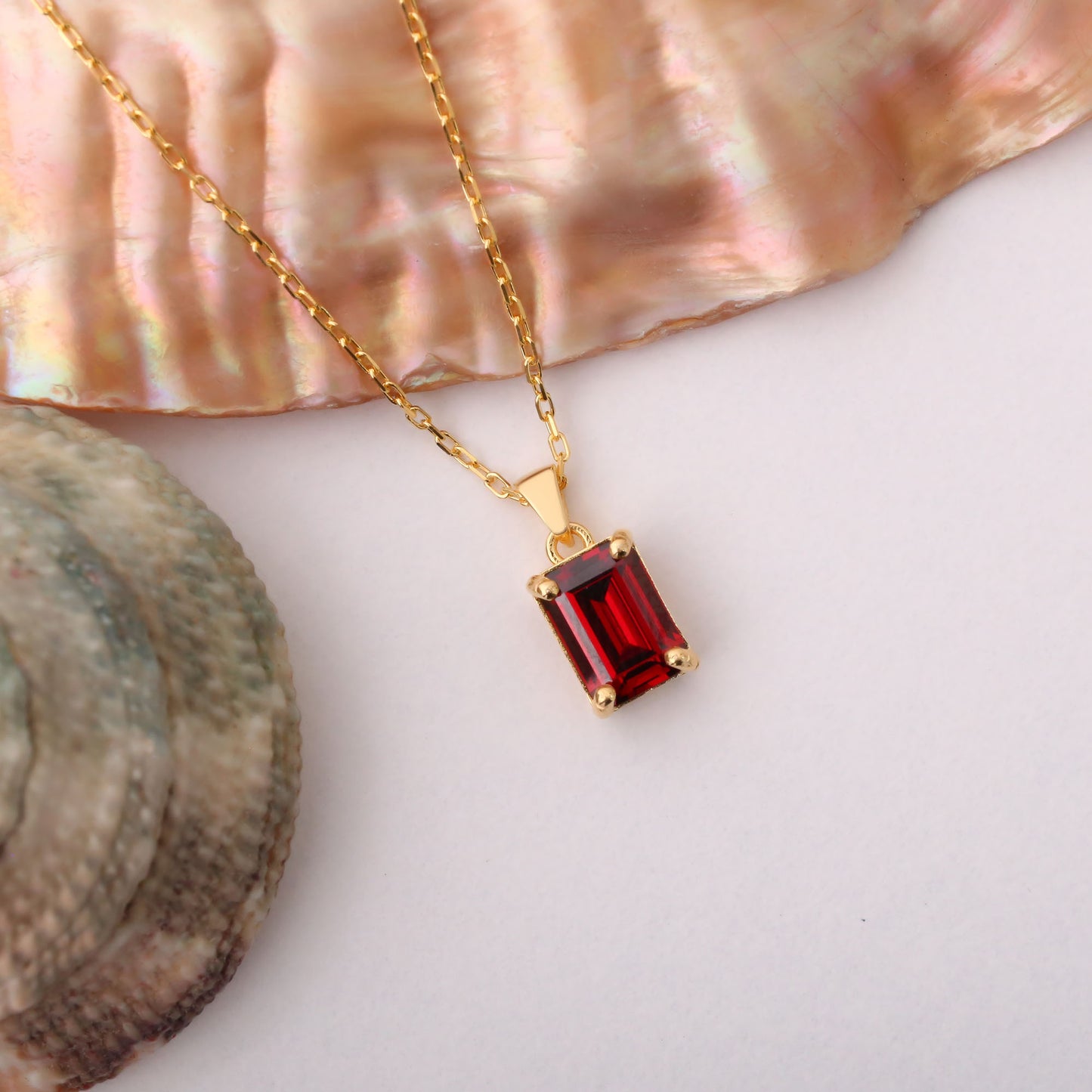 Rectangle Garnet Necklace in 14K Solid Gold, January Birthstone Pendant