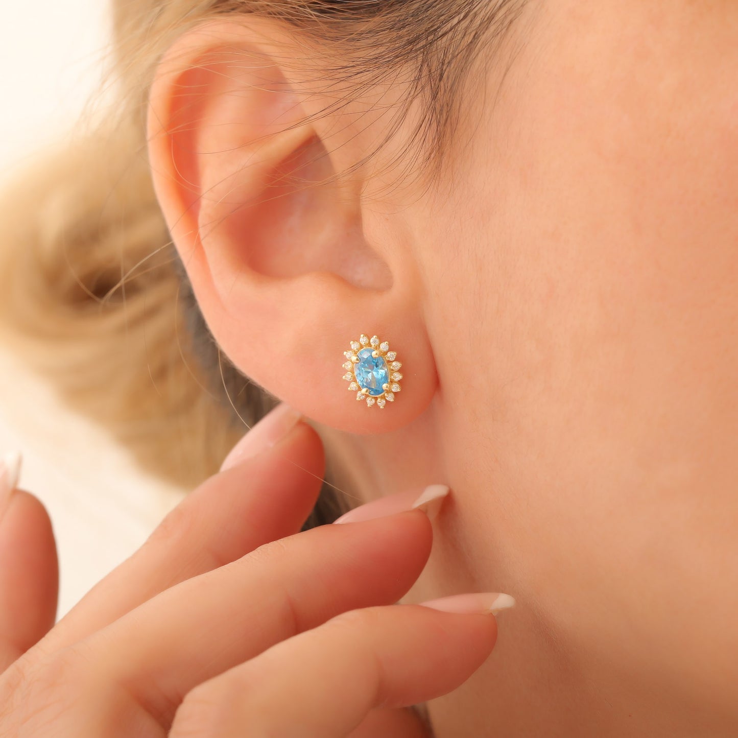 Oval Cut Blue Topaz Stud Earring Surrounded by Real Diamonds, 14K Solid Gold, December Birthstone