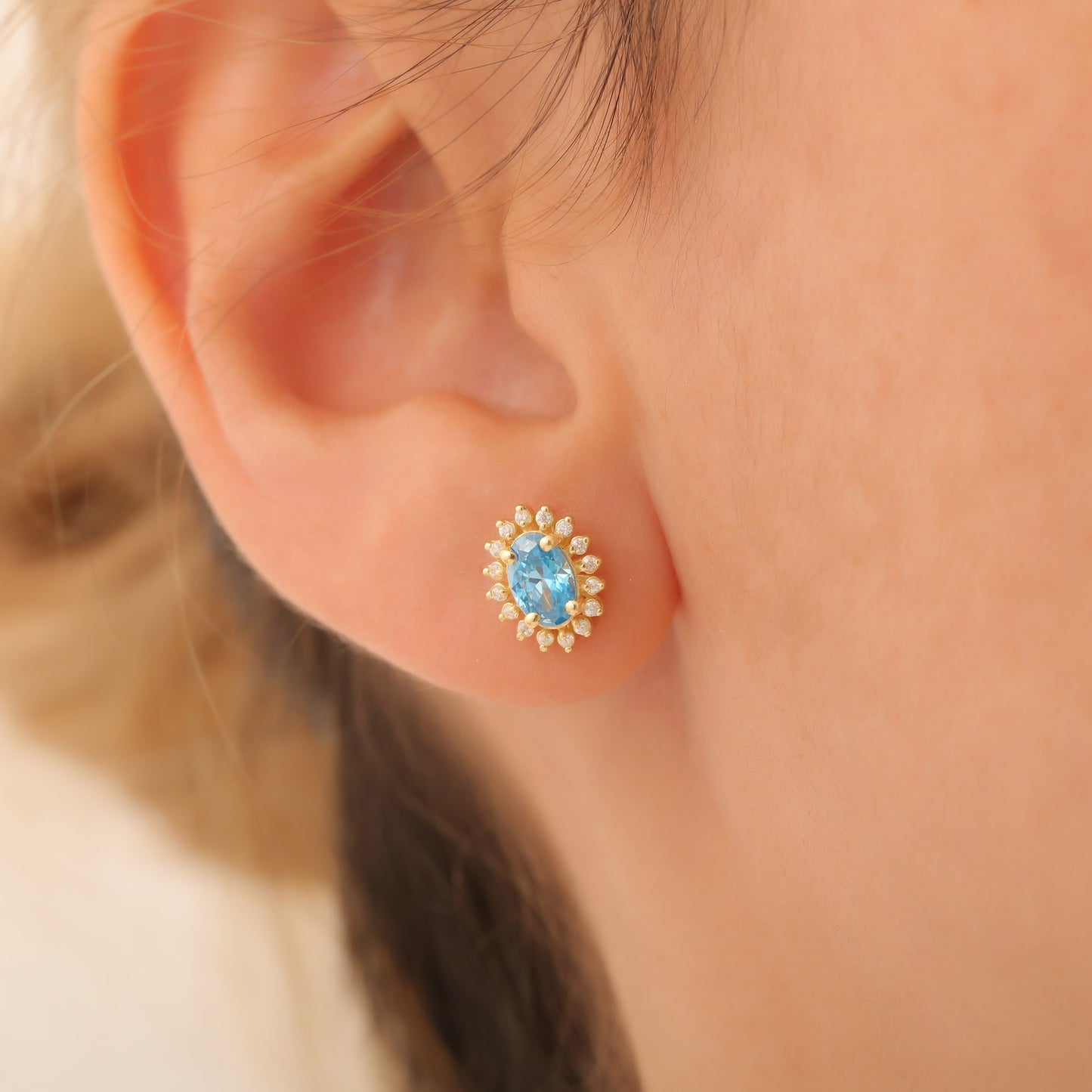 Oval Cut Blue Topaz Stud Earring Surrounded by Real Diamonds, 14K Solid Gold, December Birthstone