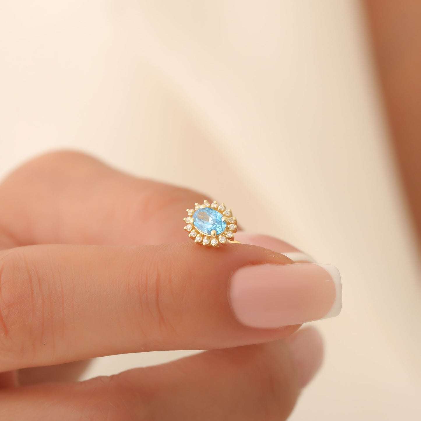 Oval Cut Blue Topaz Stud Earring Surrounded by Real Diamonds, 14K Solid Gold, December Birthstone