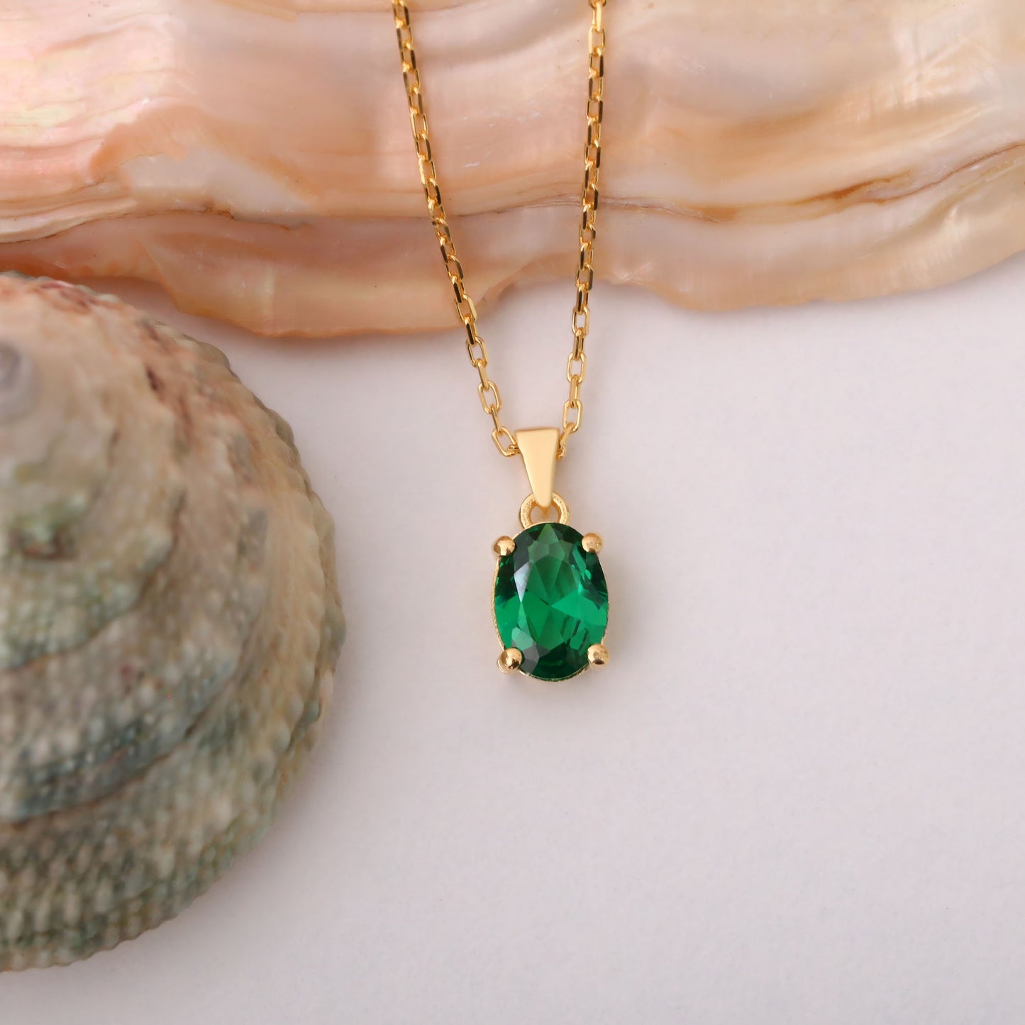 Emerald Oval Necklace in 14K Solid Gold | May Birthstone Pendant