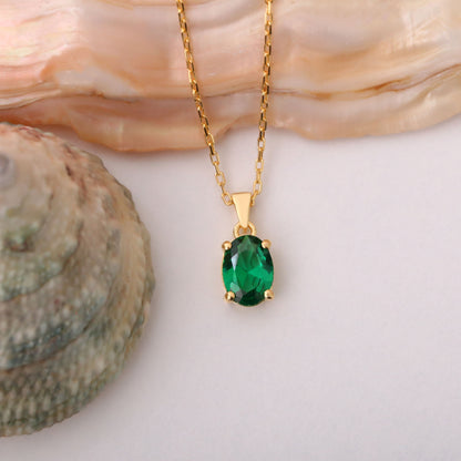 Emerald Oval Necklace in 14K Solid Gold | May Birthstone Pendant