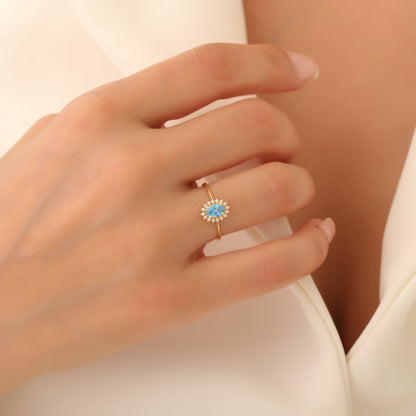 Blue Topaz Oval Ring 14K Solid Gold Surrounded by Real Diamonds, December Birthstone Gift