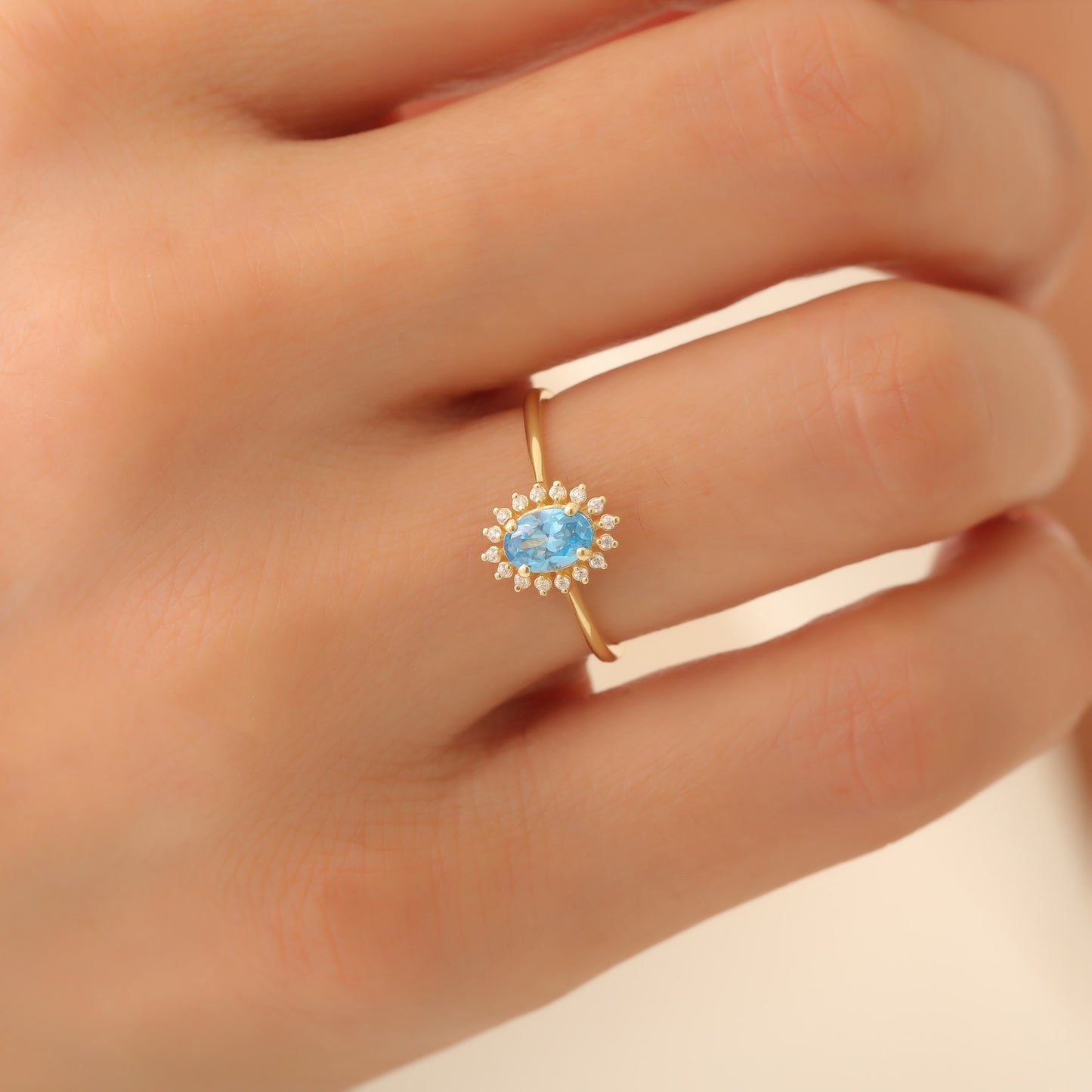 Blue Topaz Oval Ring 14K Solid Gold Surrounded by Real Diamonds, December Birthstone Gift