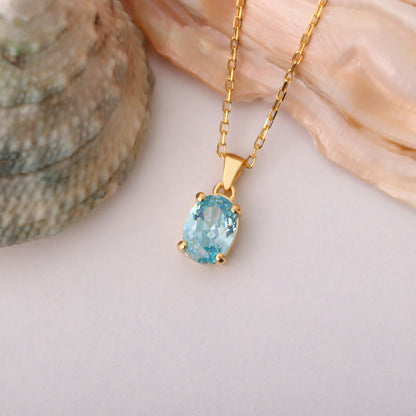 Aquamarine Oval Necklace in 14K Solid Gold | March Birthstone Pendant