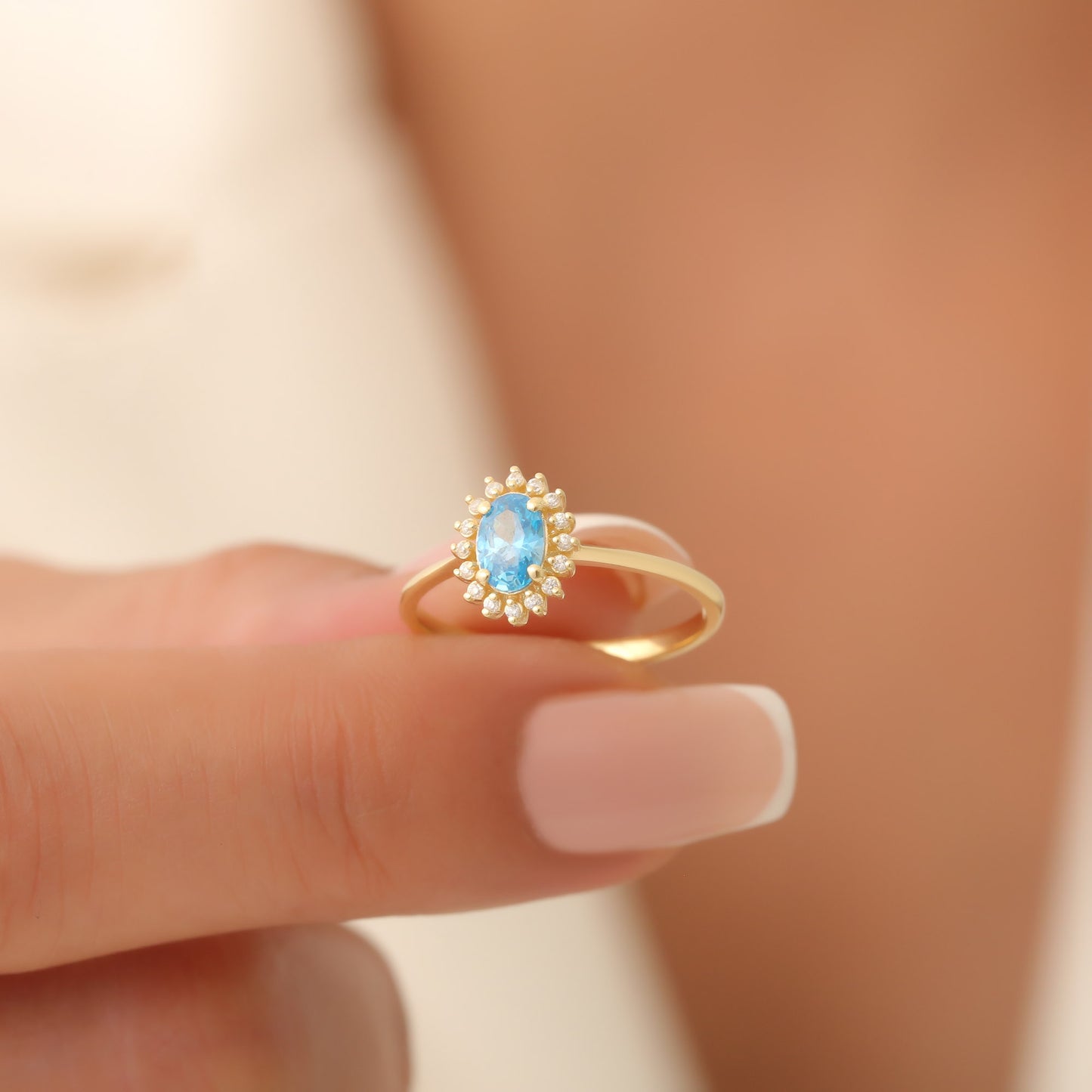 Blue Topaz Oval Ring 14K Solid Gold Surrounded by Real Diamonds, December Birthstone Gift