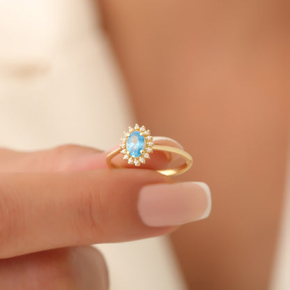 Blue Topaz Oval Ring 14K Solid Gold Surrounded by Real Diamonds, December Birthstone Gift