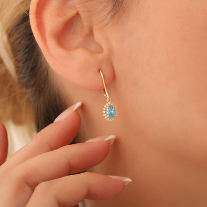 Oval Cut Blue Topaz Dangling Earring Surrounded by Real Diamonds, 14K Solid Gold, December Birthstone