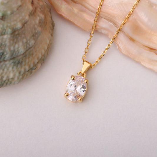 White Topaz Oval Necklace in 14K Solid Gold | April Birthstone Pendant