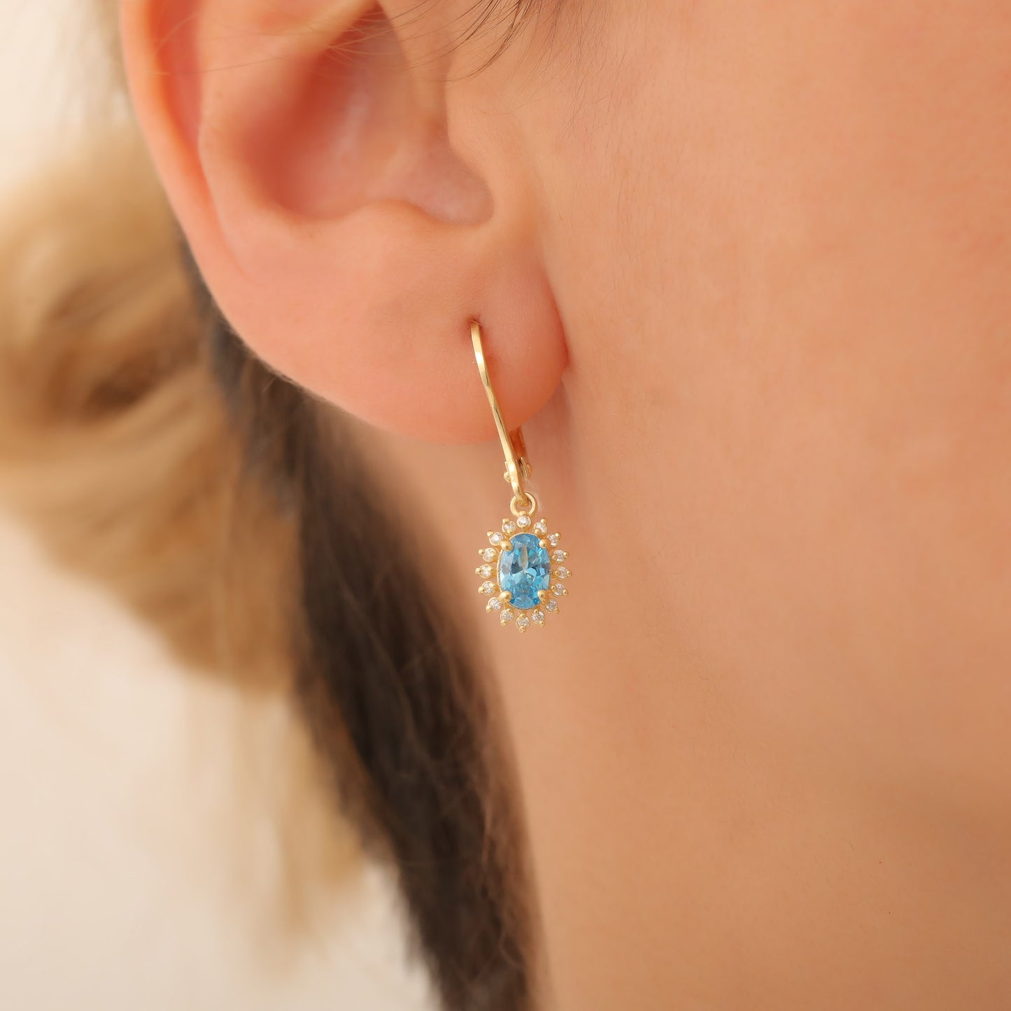 Oval Cut Blue Topaz Dangling Earring Surrounded by Real Diamonds, 14K Solid Gold, December Birthstone