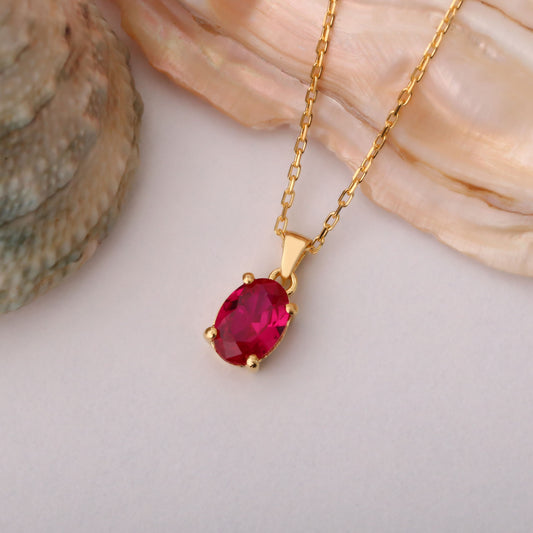 Ruby Oval Necklace in 14K Solid Gold | July Birthstone Pendant