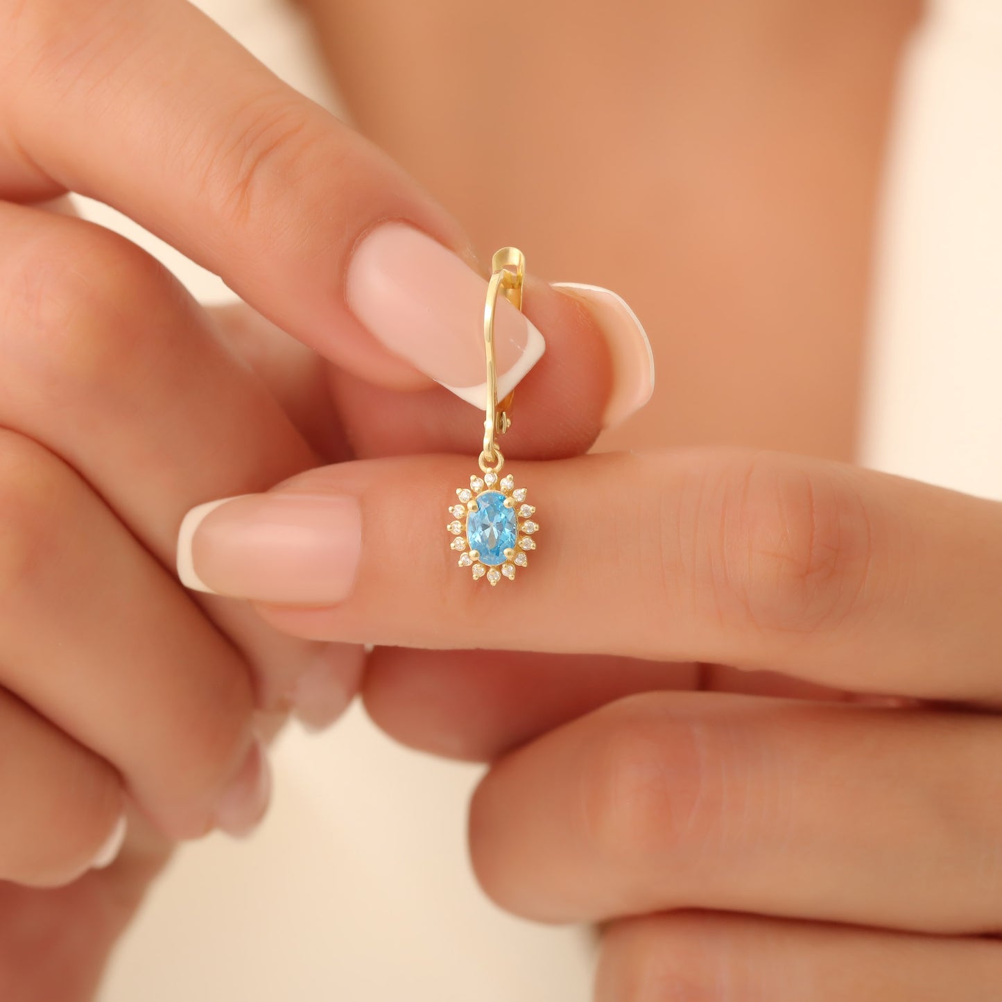 Oval Cut Blue Topaz Dangling Earring Surrounded by Real Diamonds, 14K Solid Gold, December Birthstone