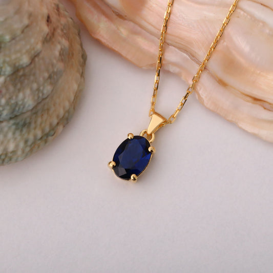 Sapphire Oval Necklace in 14K Solid Gold | September Birthstone Pendant