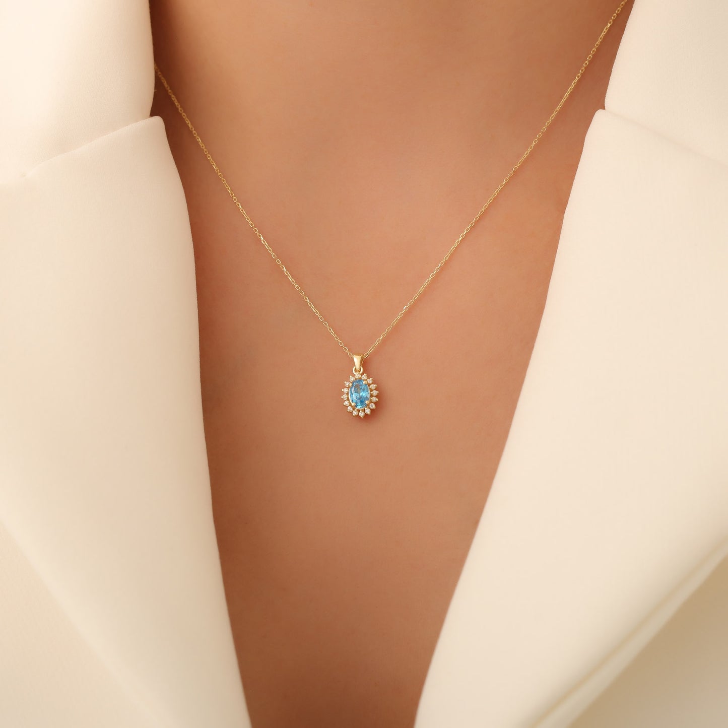 Oval Cut Blue Topaz Necklace with Real Diamonds, 14K Solid Gold, December Birthstone Pendant