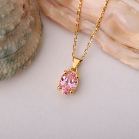 Pink Tourmaline Oval Necklace in 14K Solid Gold | October Birthstone Pendant