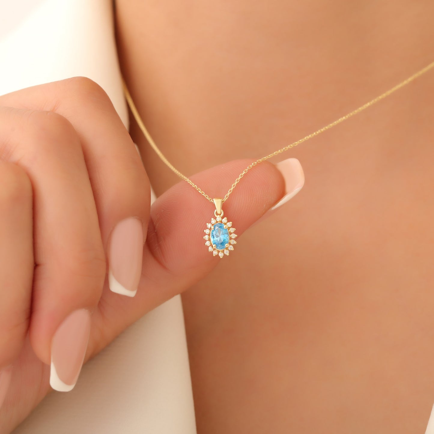 Oval Cut Blue Topaz Necklace with Real Diamonds, 14K Solid Gold, December Birthstone Pendant