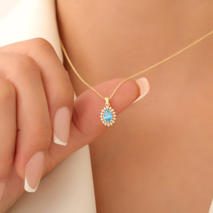 Oval Cut Blue Topaz Necklace with Real Diamonds, 14K Solid Gold, December Birthstone Pendant