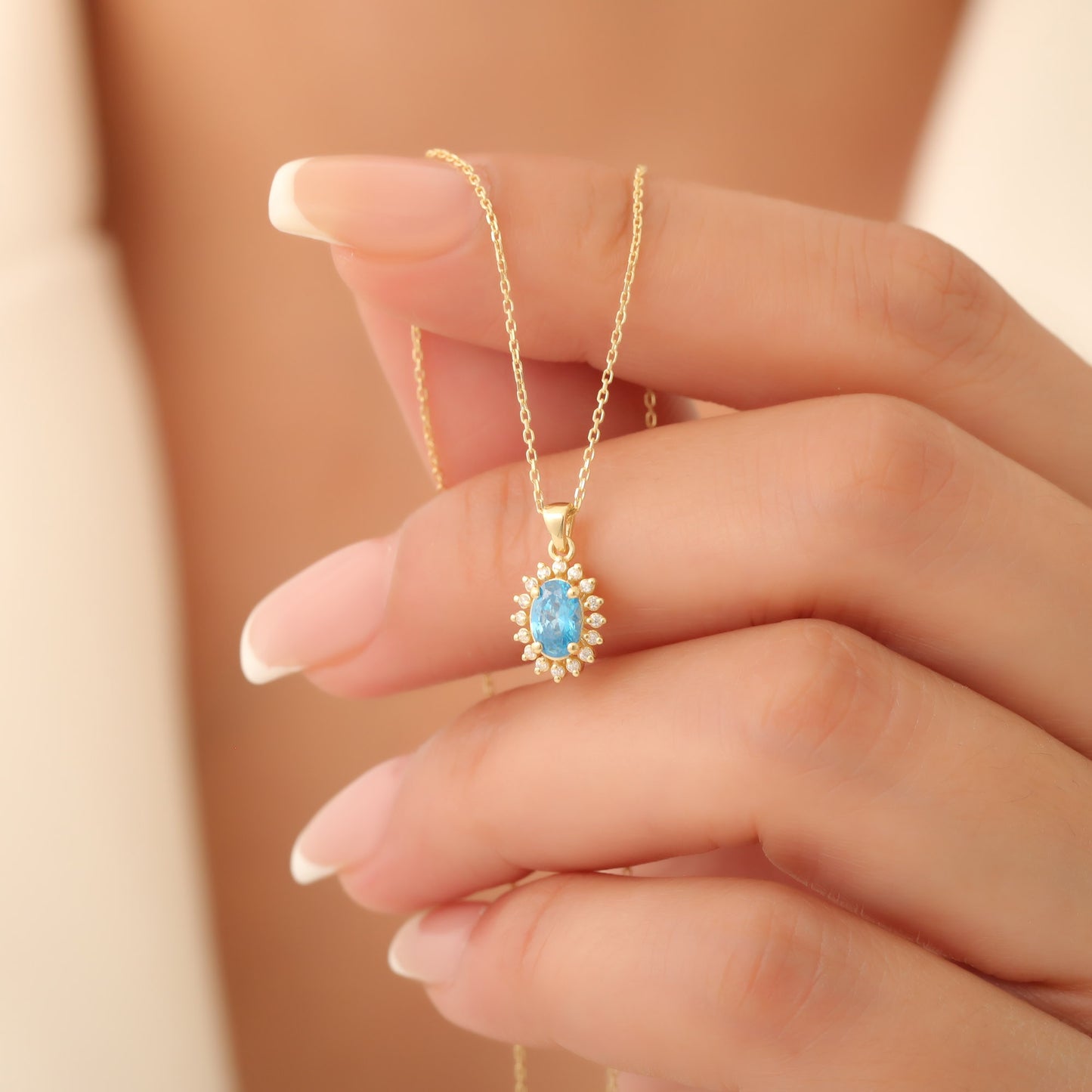 Oval Cut Blue Topaz Necklace with Real Diamonds, 14K Solid Gold, December Birthstone Pendant