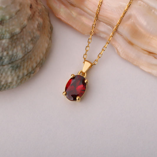 Garnet Oval Necklace in 14K Solid Gold | January Birthstone Pendant