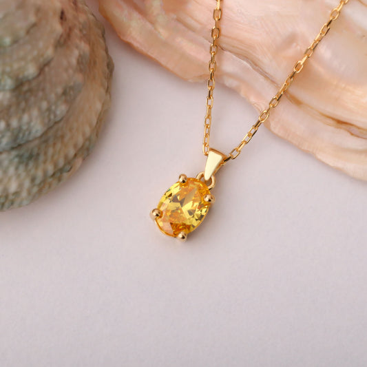 Yellow Topaz Oval Necklace in 14K Solid Gold | Birthstone Pendant