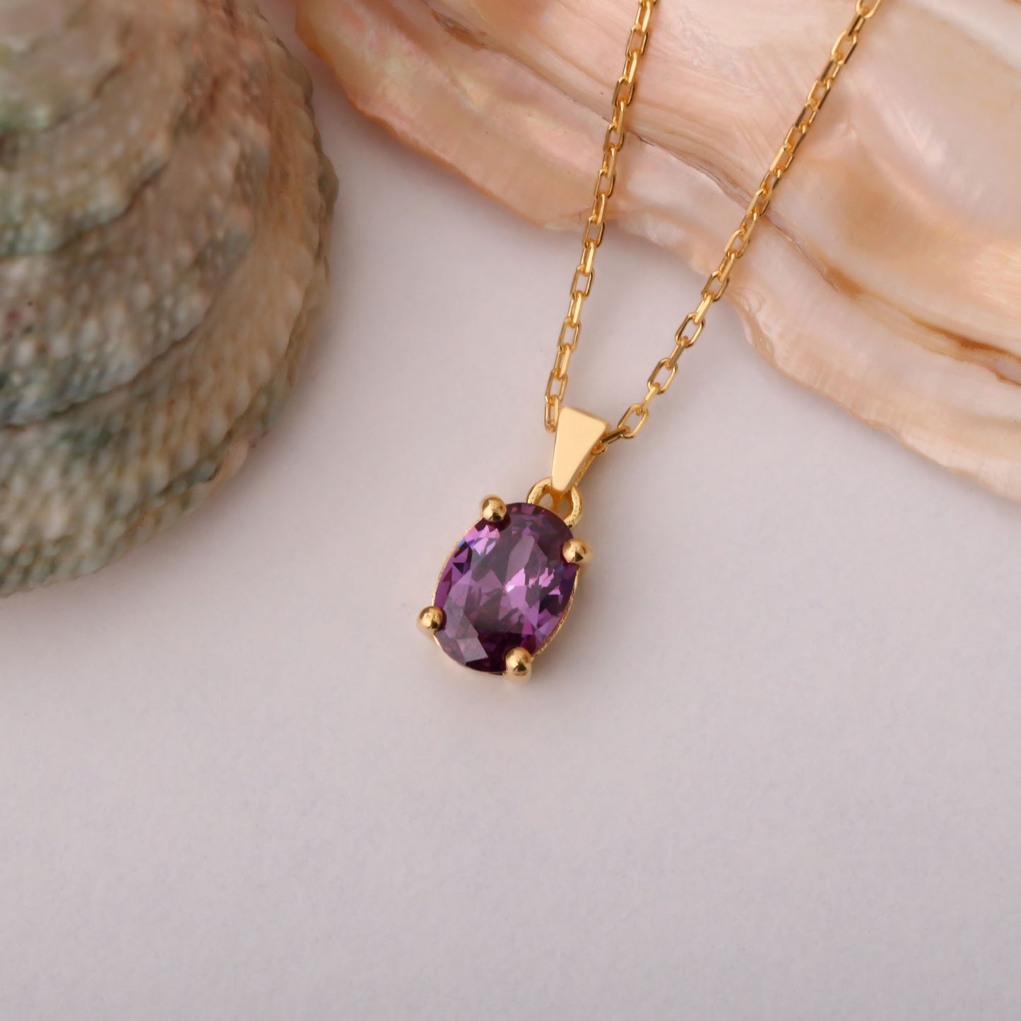 Amethyst Oval Necklace in 14K Solid Gold | February Birthstone Pendant